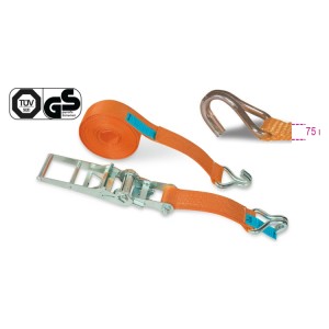 Ratchet tie down with single hook, LC 5000 kg, high-tenacity polyester (PES) belt
