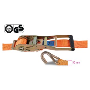 Reverse ratchet tie down, long lever, with single hook, LC 2500 kg, high-tenacity polyester (PES) belt