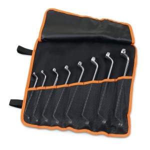 Set of 8 double ended deep offset ring wrenches in roll-up wallet made of durable polyester