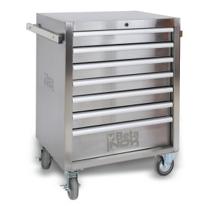 Mobile roller cab with seven drawers, made entirely of stainless steel, Non-marking wheels