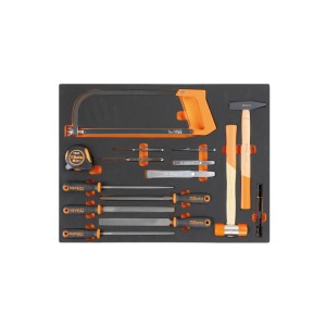 Foam tray with impact tools, files, cutting and measuring tools