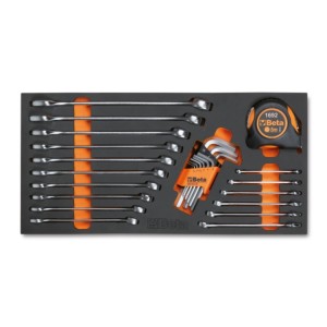 Foam tray with combination wrenches, hexagon key wrenches and measuring tools