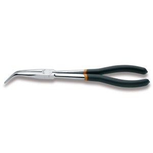 Curved extra long knurled nose pliers,  45°, for special operations,  slip-proof double layer PVC coated handles