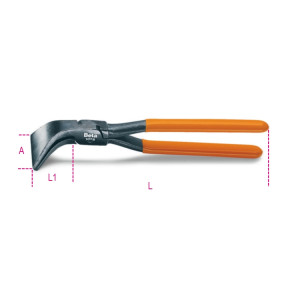 Curved wide blade tinsmith’s pliers,  45° PVC-coated handles