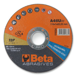 Abrasive steel and stainless steel cutting discs, thin, with flat centre, for use with portable angle grinders