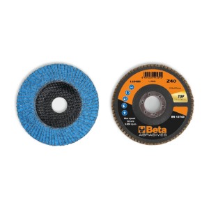 Flap discs with ceramic-coated zirconia abrasive cloth, fibreglass backing pad and single flap construction