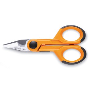 Electrician's scissors,  straight stainless steel blades, with microteeth, cable cutting groove and crimping pliers for tube terminals