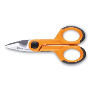 Electrician's scissors with graduated milling profiles,  straight stainless steel blades, with microteeth, cable cutting groove and  crimping pliers for tube terminals