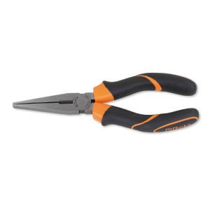 Extra-long flat knurled nose pliers, bi-material handles, industrial finish