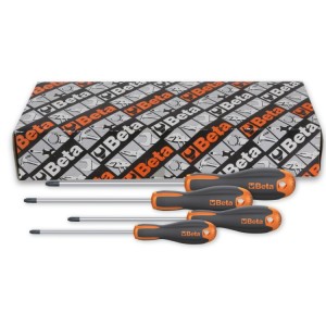 Set of 4 Evox screwdrivers for cross head Pozidriv®-Supadriv® screws, chrome-plated, black tips