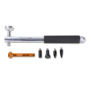 Aluminium hammer with flat, round face, interchangeable plastic pins and centre punch