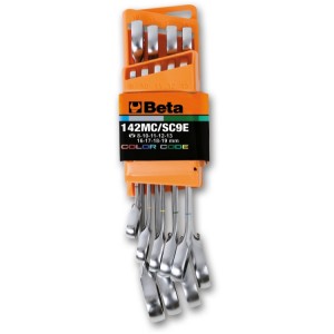 Set of 9 reversible ratcheting combination wrenches, coloured, with compact support