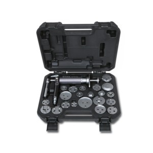 Pneumatic tool for pushing back and rotating right and left disc brake pistons with accessories in plastic case
