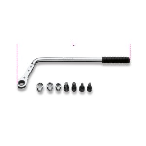 Kit with bent reversible ratcheting wrench  and bits