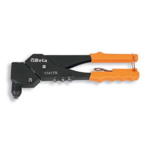 Riveting pliers with rotating head, supplied with 4 interchangeable nozzles