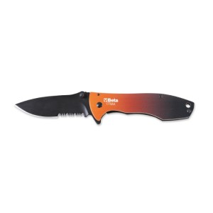 Foldaway knife, stainless steel serrated blade, aluminium handle, serration pattern for easier opening • in case