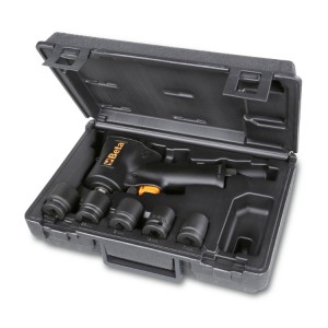 Assortment of one compact reversible impact wrench and five impact sockets, in plastic case