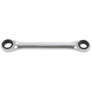Ratcheting double-ended flat bi-hex ring wrenches