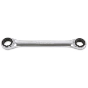 Ratcheting double-ended flat bi-hex ring wrenches chrome-plated