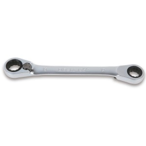 Reversible ratcheting double-ended offset  bi-hex ring wrenches, bent at 15°