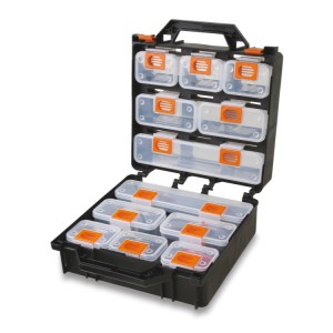 Organizer tool case with 12 removable tote-trays, empty