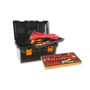 Assortment of 32 insulated tools for hybrid cars, in plastic tool box with soft thermoformed tray