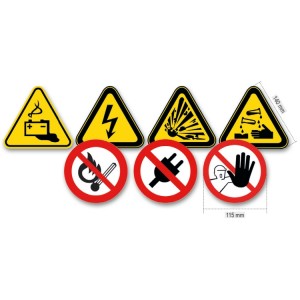Set of 7 electrical hazard signs, aluminium frame