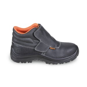 Lace-up leather ankle shoe, "welder style", water-repellent, with quick opening system and front protection with strap closure