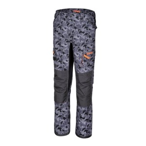 Work trousers, multipocket style, hard-wearing, comfortable and practical, with unique camouflage design.
