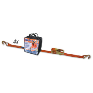 Bag with set of 4 ratchet tie-downs 8181, 6 m high-tenacity polyester belt, single hooks