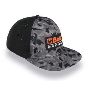 Camouflage racing cap with flat visor.