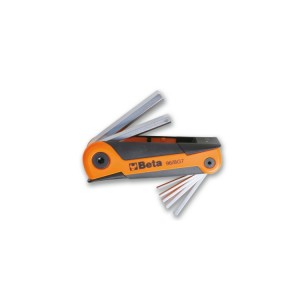 Set of offset hexagon key wrenches, chrome-plated, with plastic support