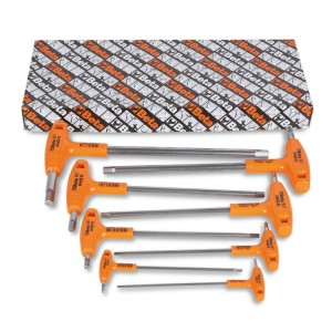 Set of 8 offset hexagon key wrenches, with high torque handles, made of stainless steel