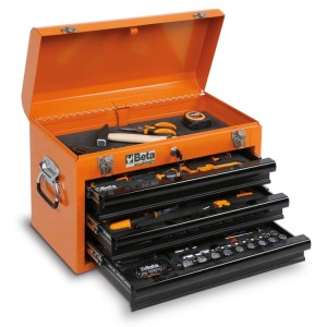 Portable tool chest with assortment of 159 tools, integrated soft foam tray