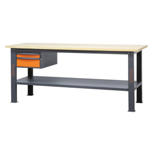 Workbench 2.1 m long, with wood worktop and 2 drawers