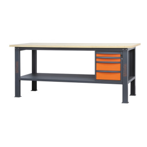 Workbench 2.1 m long, with wood worktop and 4 drawers