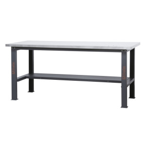 Simple workbench with worktop made from stainless steel coated MDF, 2.1 m long