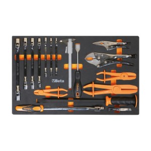 Foam tray with swivel end socket wrenches, pliers and measuring tools