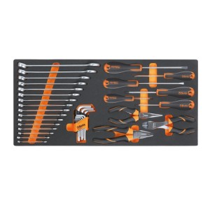 Soft foam tray with combination wrenches, Beta Easy screwdrivers, pliers and offset hexagon key wrenches