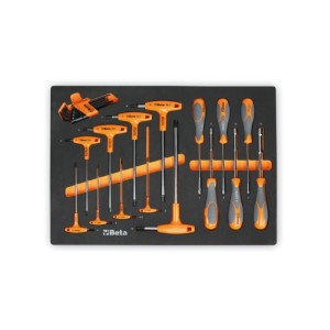 EVA foam tray with offset key wrenches for Torx® head screws and with high torque handles, and sockets