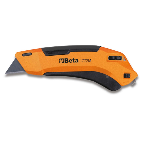 Safety utility knife with retractable blade, supplied with 3 blades