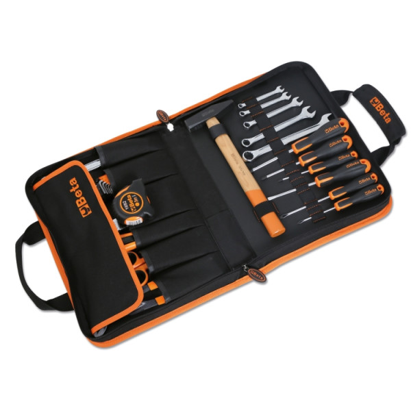 Folding tool case with assortment of 27 tools, for universal