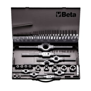 Surtido de machos y terrajas HSS y accesorios de rosca métrica, en caja de metal