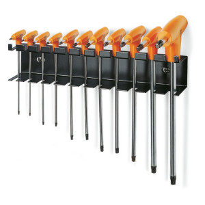 Juego de llaves macho acodadas  con mango para tornillos de hexágono interior Torx® cromadas, con soporte