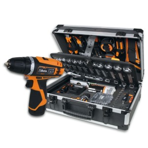 Maleta porta-herramientas con surtido de 147 herramientas para el mantenimiento general y taladro atornillador 12 V