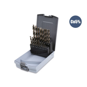 Juego de 19 brocas HSS-CO 5% helicoidales rectificadas, en caja