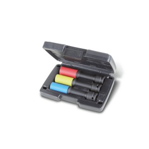 Juego de 3 llaves de vaso de impacto coloreadas, serie larga, con elementos poliméricos para tuercas de ruedas, en maletín de plástico