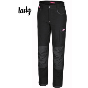 Pantalón de trabajo de mujer multibolsillos, negro con detalles rosa