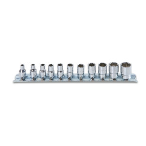 Juego de 11 vasos de 1/4" hexagonales, en soporte