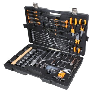 Maleta porta-herramientas con surtido de 108 herramientas para el mantenimiento general, de plástico
